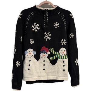 [Vintage] Quarter Zip Appliqué Snowman Sweater - Size L